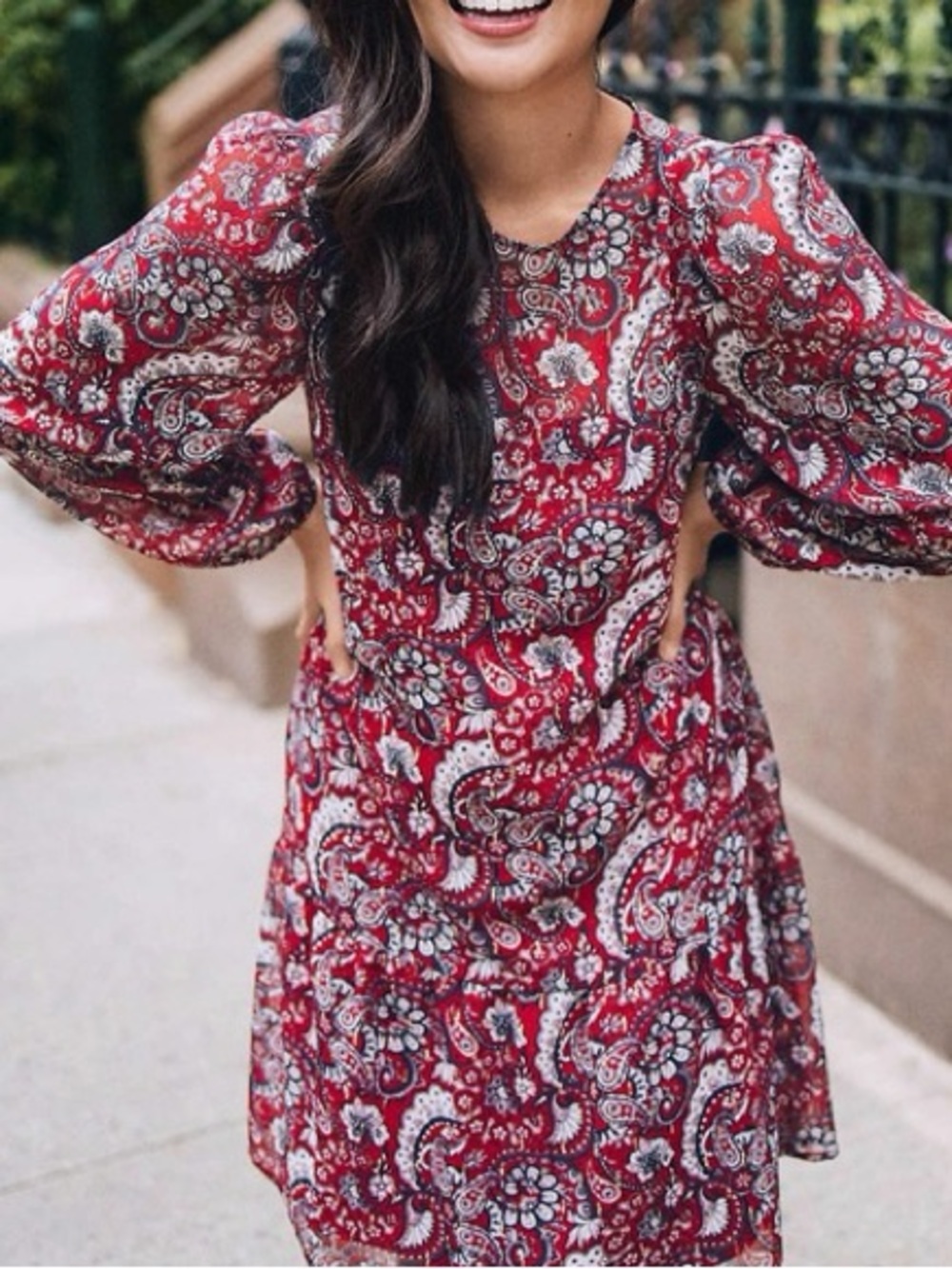 LOFT Red Paisley Long-Sleeve Mini Dress with gold accents
